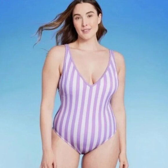 KONA SOL Women's V-NECK Over Shoulder HIGH LEG Swimsuit Amethyst Purple - Picture 1 of 7